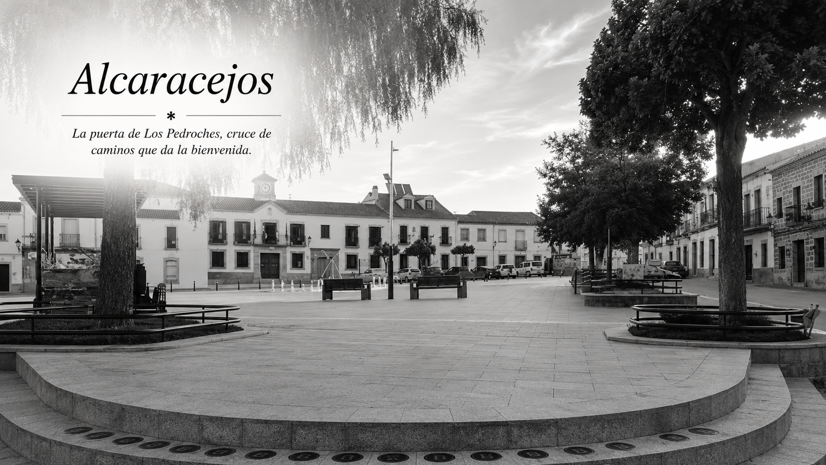 Portada aprobada de Alcaracejos en blanco y negro, con plaza, nombre y definición integrados