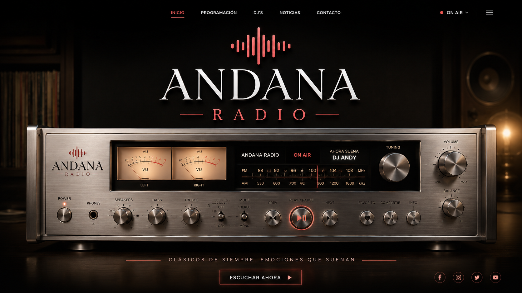 Frontal Hi‑Fi clásico ANDANA RADIO con vúmetros de aguja y controles plateados