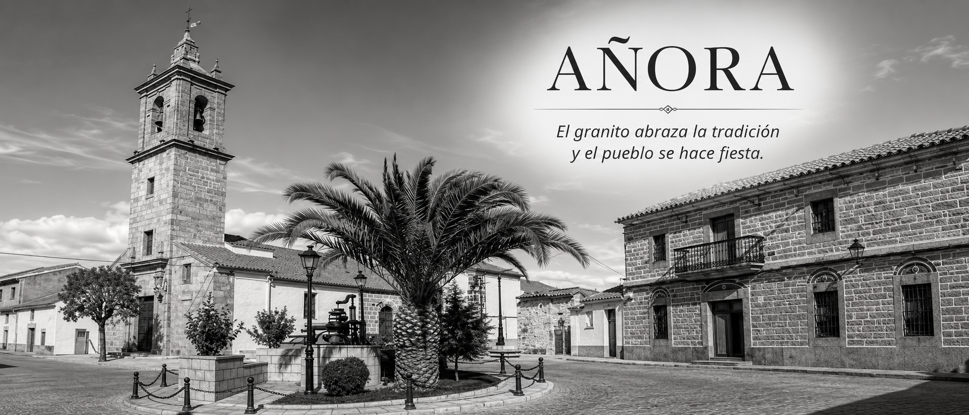 Portada de Añora con la plaza y la torre en blanco y negro, con el nombre y la definición integrados sobre un fondo blanco fundido