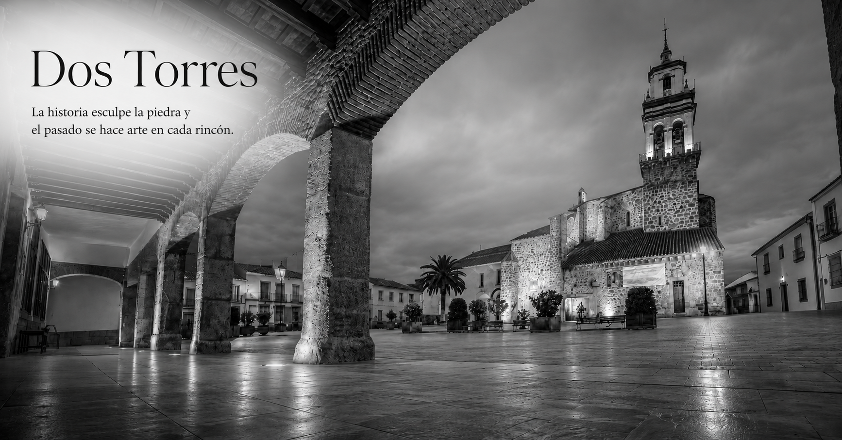 Portada aprobada de Dos Torres en blanco y negro, con plaza, torre, nombre y definición integrados