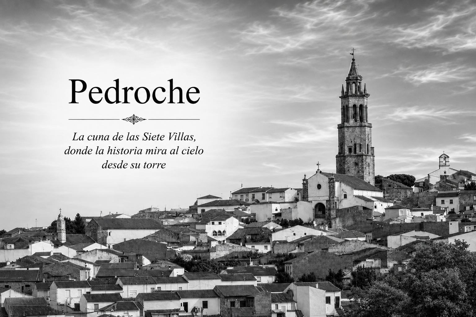Portada aprobada de Pedroche en blanco y negro, con panorámica, torre, nombre y definición integrados