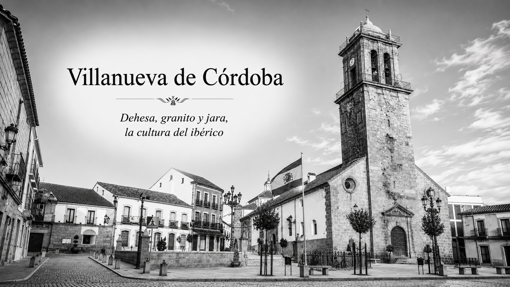 Portada aprobada de Villanueva de Córdoba en blanco y negro, con plaza, nombre y definición integrados